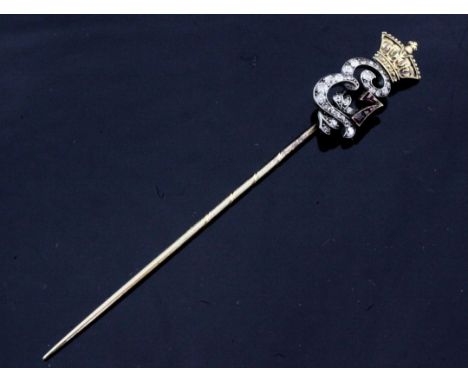 An early 20th century Viennese 14ct gold and silver, ruby and diamond set commemorative "Edward VII" stick pin, with diamond 