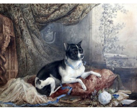 James Howard Burgess (1817-1890)watercolour and pencil,Portrait of a toy terrier or Chihuahua seated upon a cushion,signed an