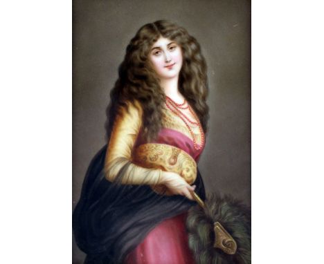 A Continental porcelain portrait plaque, late 19th century, painted with a dancer from the ballet La Bayadere, label verso in