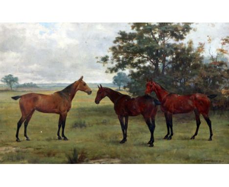 George Goodwin Kilburne (1839-1924)oil on canvas,Portrait of three horses in a field,signed and dated '99,15 x 24in.