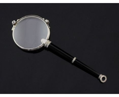 A pair of 1920's/1930's French platinum, onyx and diamond set lorgnettes, with tapering handle, maker, MB, 4.25in.