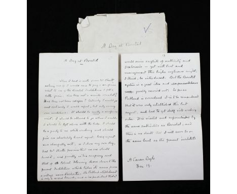 SIR ARTHUR CONAN DOYLE. A manuscript article entitled 'A Day at Borstal', penned in response to a note from Sir Edward Shortt
