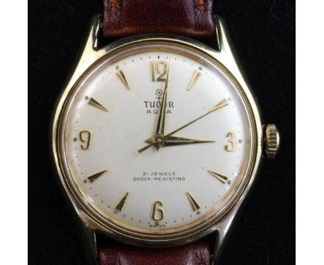 A gentleman's 1960's? gold plated and steel Tudor Aqua manual wind wristwatch, with baton and quarterly Arabic numerals, on a