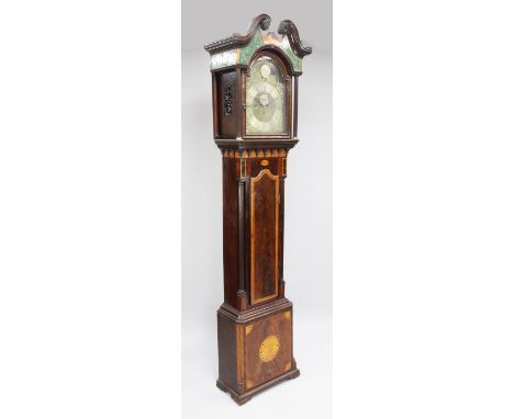 Monkhouse of Carlisle. A Regency inlaid mahogany musical longcase clock, the 13 inch arched brass dial with painted moonphase