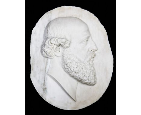 An oval Victorian relief carved marble portrait plaque of a bearded gentleman, unsigned, 18 x 14.5in.