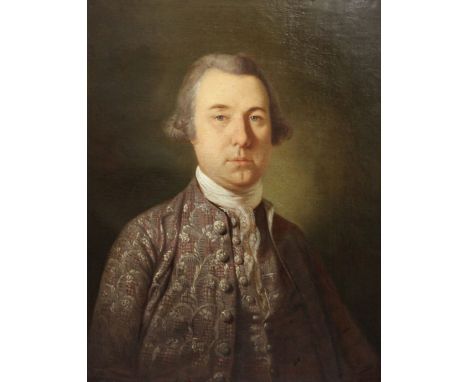 18th century English Schooloil on canvas,Portrait of a gentleman wearing an embroidered silk jacket,30 x 25in.