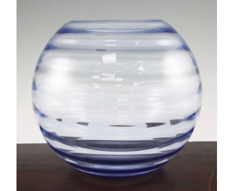 A 1930's Whitefriars ribbed glass bowl, 1930's, with original paper label, 28cm.