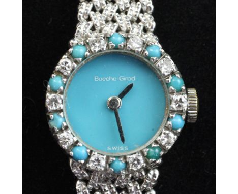 A lady's 1970's 9ct white gold, diamond and turquoise Bueche Girod manual wind wrist watch, with circular turquoise dial and 