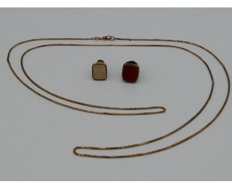 Two gold plated Victorian repousse scrolling floral design engraved seal fobs and a long fancy rope watch chain with Albert c