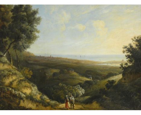 Attributed to James Arthur O'Connor (1792-1841) An oil on canvas, figures to the foreground in an extensive landscape with se