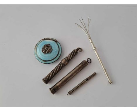 An enamel compact, 2 pencil holders &amp; a swizzle stick