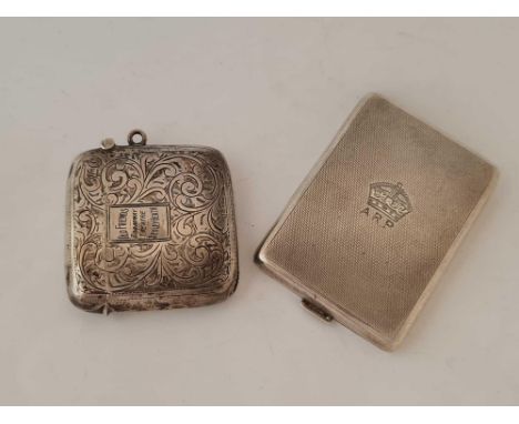 Matchbox holder, front engraved with crown and A R P below. Birmingham 1939 and a curved vesta case. Birmingham 1902