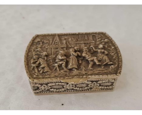 A Dutch snuff box, the cover with figures dancing, 2.5" wide