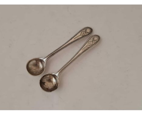 Small pair decorative salt spoons, beaded edges. Sheffield 1865 By R M E H