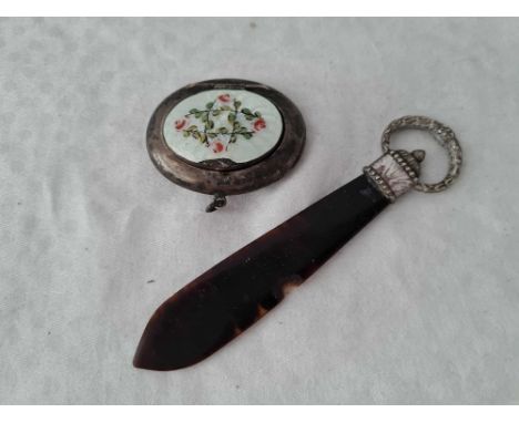 Oval enamel decorated pill box . Birmingham 1917 and a continental paper knife. A/F