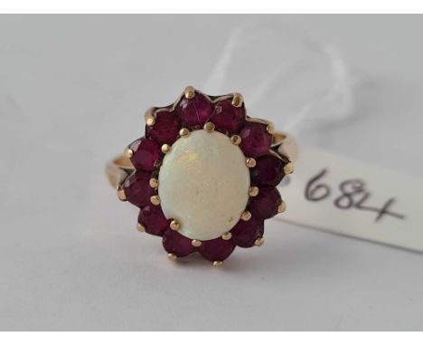 Opal and Garnet cluster ring 9ct size N 3.2gms