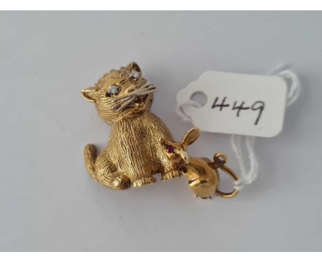 Diamond and ruby cat and mouse,1950’s Designer brooch 18 carat marked