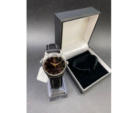 Good Gents OMEGA black faced wrist watch with seconds sweep. WO