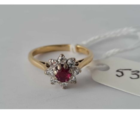 18ct hallmarked white &amp; yellow gold ruby &amp; diamond cluster ring, size K