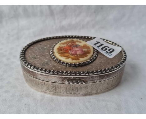 Sterling silver snuff box the top inset with a Limoge porcelain plaque. 4In wide. 185Gms all in