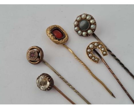 Georgian gold and paste stick pin, Victorian god & pearl set memorial stick pin and 3 other Victorian pins