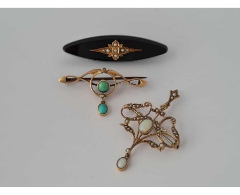 An opal &amp; pearl pendant brooch, opal bar brooch with drop &amp; black onyx &amp; pearl brooch
