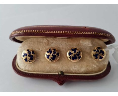 French high carat gold and blue enamel dress button&nbsp;&nbsp;in original fitted gold tooled leather case- metal backs