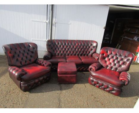 Ox blood red leather 'Thomas Lloyd'&nbsp; chesterfield style 3 seater sofa, 2 recliners and storage footstool&nbsp;