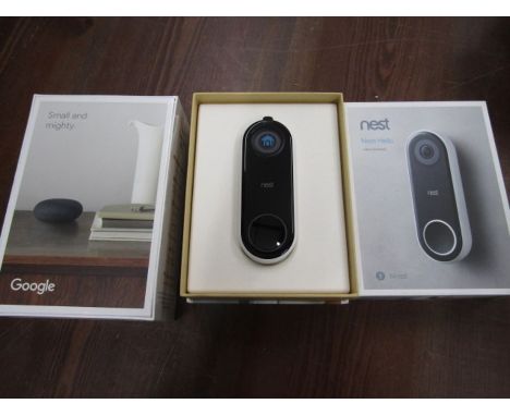 Nest Hello doorbell in box and a sealed Google Nest mini speaker
