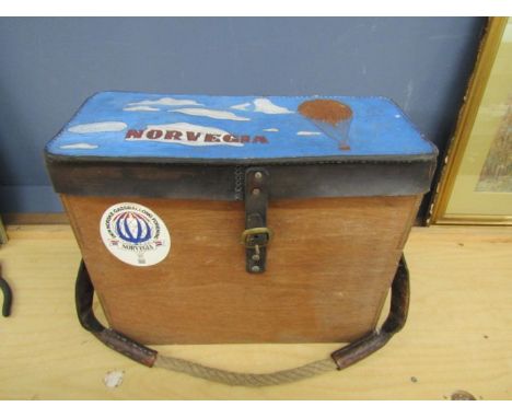 Vintage hot air balloon box. painted leather design to top, leather and rope strapA section that maybe used for canisters?