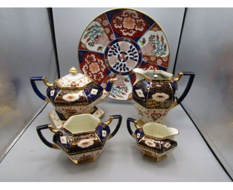 Burleigh Imari pattern teapot, coffee pot, jug, sugar bowl and stand and a charger