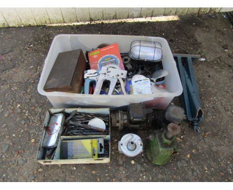 Crate of tools to include drill bits, leather punches and staple guns etc&nbsp;