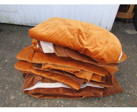 Vintage velvet lined curtains by Draperight 11 panels approx 224x143cm per panel. 6 orange and 5 brown panelsNo major stains,