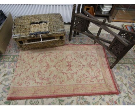 Vintage pink runner, Antique stand for tray/charger and a vinatge pet basket