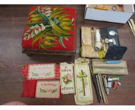 Collectors lot to include Tapestry stool, Acme whistle, sewing case, propelling pencil, bookmarks etc