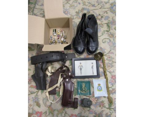 Military cap badges, Axillary brass ? buttons, 2 gun holsters, print, 2 glass dishes and a pair of boots size 6
