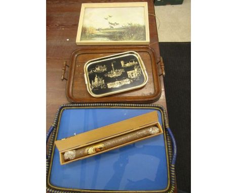 Big Ben cigar in box,Oak tray, various trays, a print of ducks and a vintage mirror