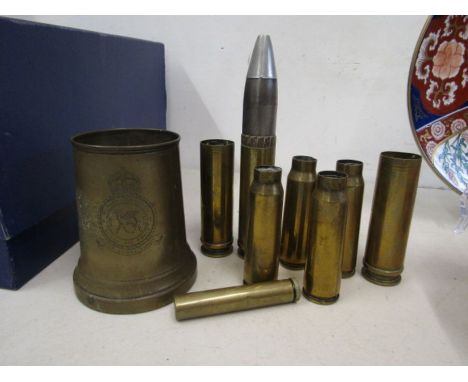 RAF Bomber Squadron brass tankard, shells and Enfield oil bottle (a/f)