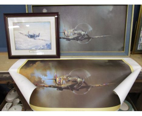 After Barrie Clark spitfire print on board and an unframed&nbsp; print of a spitfire plus a framed print after Kevin Walsh