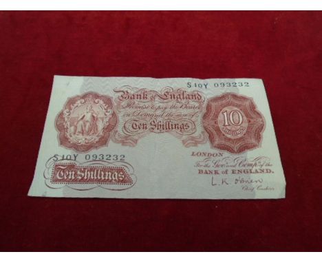 Ten Shilling Bank of England brown note serial S10Y 093232, cashier L K O'Brien