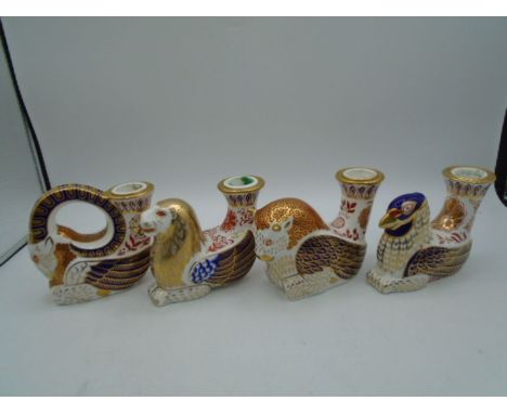 4 Royal Crown Derby Imari Mythical Beast Candlestick Holders to incl Goat, Lion, Bull and Griffin (No stoppers)