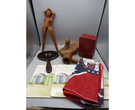 Collectors lot to inc Treen, vintage Navy tin, flags, hand mirror etc