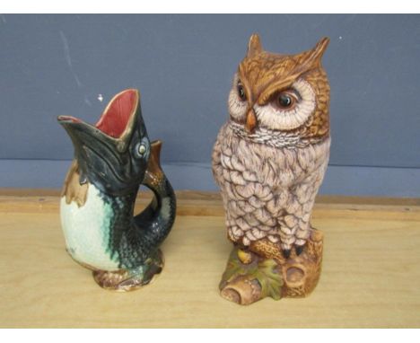 Sir Ramikins of Norfolk ceramic Owl H31cm approx and fish Gluggle jug (has chip as pictured)&nbsp;