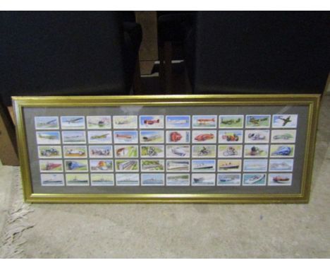 Framed automobile cigarette cards 31cm x 85cm approx&nbsp;