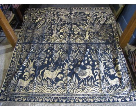 Vintage French Batik wall hanging, black with gold design approx 180x180cm