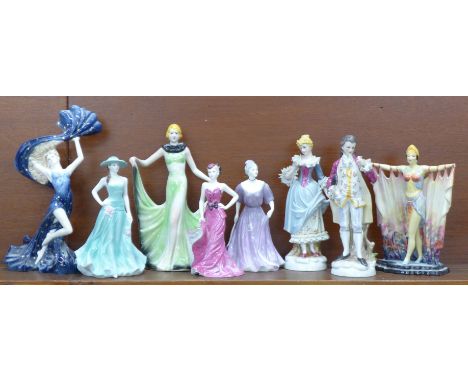 A pair of continental figures, two Royal Worcester figures, two Coalport figures and two others, one a/f, (hand missing) 