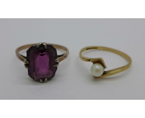 A 9ct gold, silver and purple stone ring and a 9ct gold and pearl ring, 2.5g, L and K 