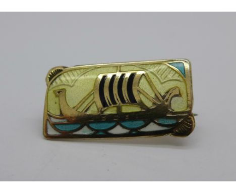 A Norwegian silver gilt and enamel Viking ship brooch, Gustav Gaudernack, 20mm 