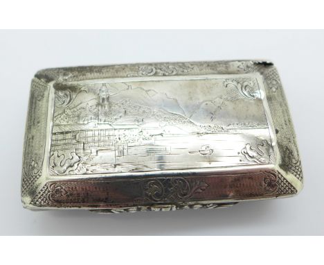 A white metal snuff box with continental marks and lakeland landscape to the lid, a/f 