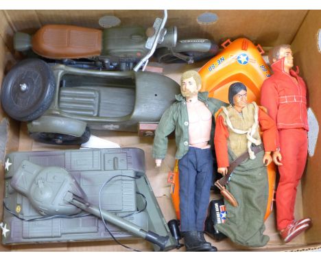 Two Action Man figures, one other similar action figure, a motorcycle, a tank and a dinghy 